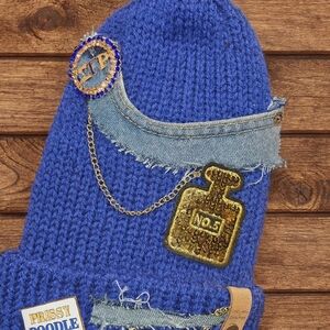Blue Poodle Beanie with Denim Accents
